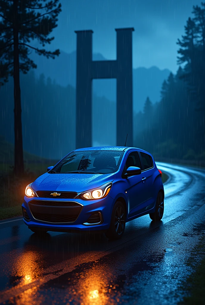 make a blue chevrolet spark on a road at night with an H in the background while it&#39;s raining 