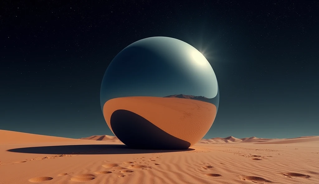the bottom quarter of a massive mirror smooth sphere rest on the desert floor at night. photo realistic