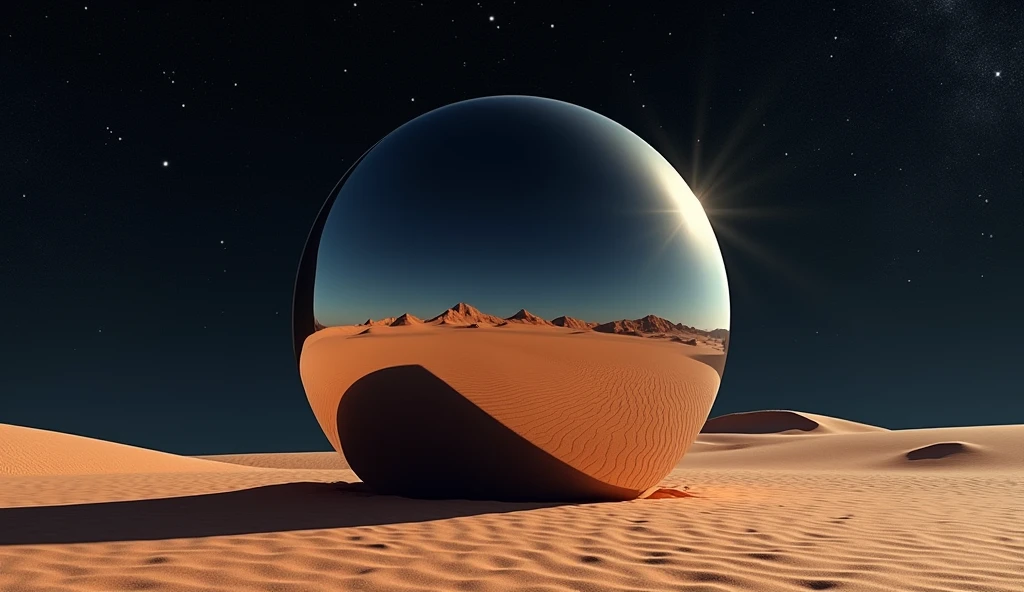 the bottom quarter of a massive mirror smooth sphere rest on the desert floor at night. photo realistic