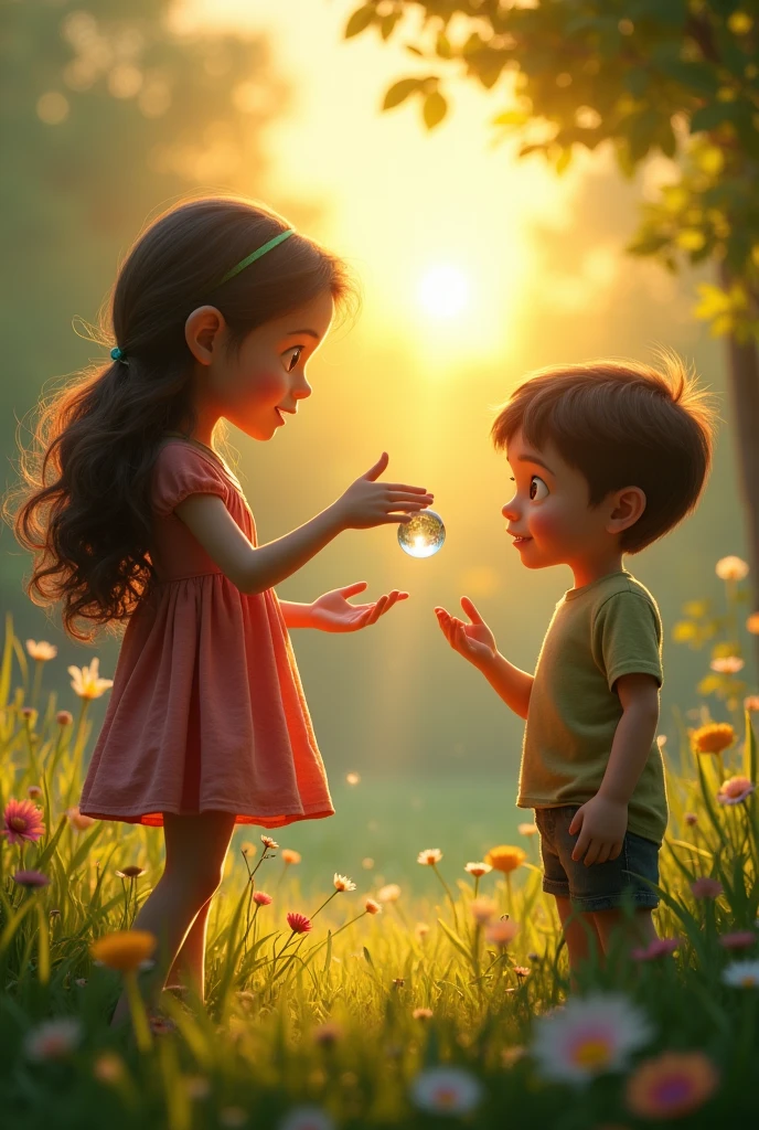 
Picture Prompt: Bella explains the dewdrop's magic. The dewdrop reflects sunlight, creating a beautiful spectrum of colors that Charlie gazes at in awe