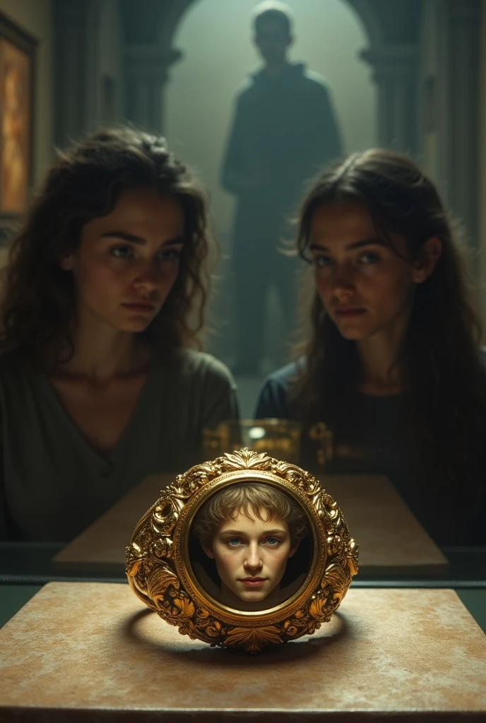 Gold ring and in its center a stone inside the stone a young and hairless male face in Roman style The ring is on a shelf in a museum being watched by 2 girls and behind one of the girls a macabre shadow.
 
