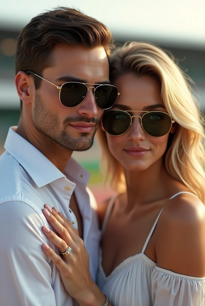 (Photorealism:1.1) a couple man dark brown hair and brown eyes together with a woman blonde green eyes long hair  no pitlane da formula 1 em Monza óculos Rayban e um IWC portuguese e usando aliança de casamento 8k ultra realistic super detailed