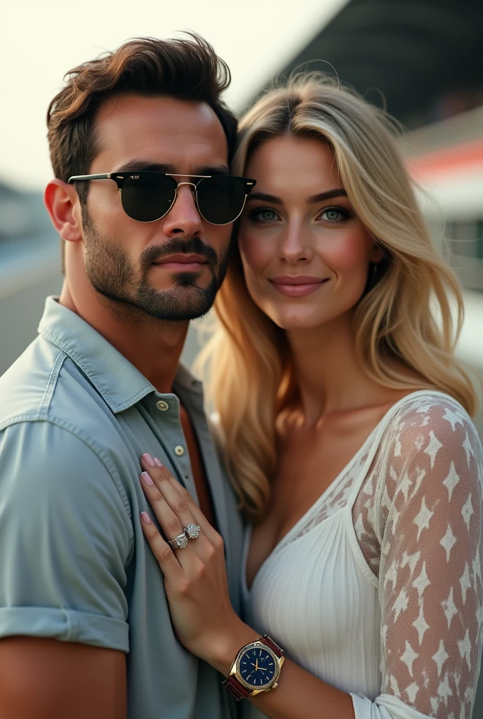 (Photorealism:1.1) a couple man dark brown hair and brown eyes together with a woman blonde green eyes long hair no pitlane da formula 1 em Monza óculos Rayban e um IWC portuguese e usando aliança de casamento 8k ultra realistic super detailed