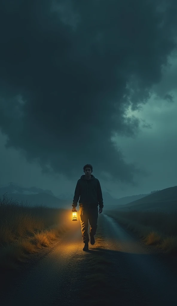 Young man leaves his car on the side of the road and walks in a deserted place towards the countryside In the middle of the night, holding a lamp in his hand And the clouds are raining Black clouds and strong winds