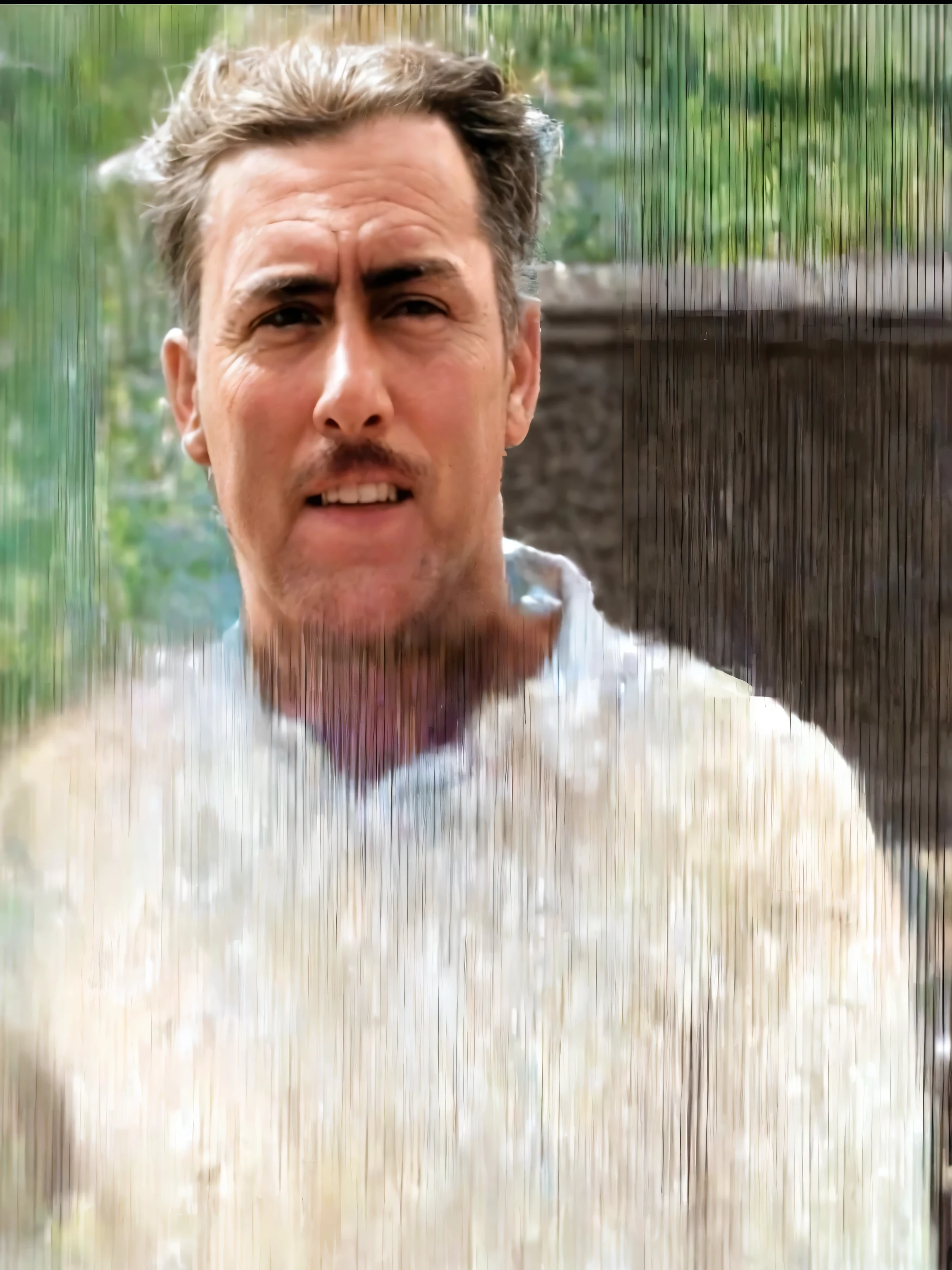 Make this photo look realistic and detailed, there man with a white shirt in a farm yard, 5 0 years old man, an mexician, very detailed potrait, realistic portrait photo, profile portrait, very detailed face, very realistic face, very perfected face, very detailed clothes, very realistic clothes, very perfected clothes.