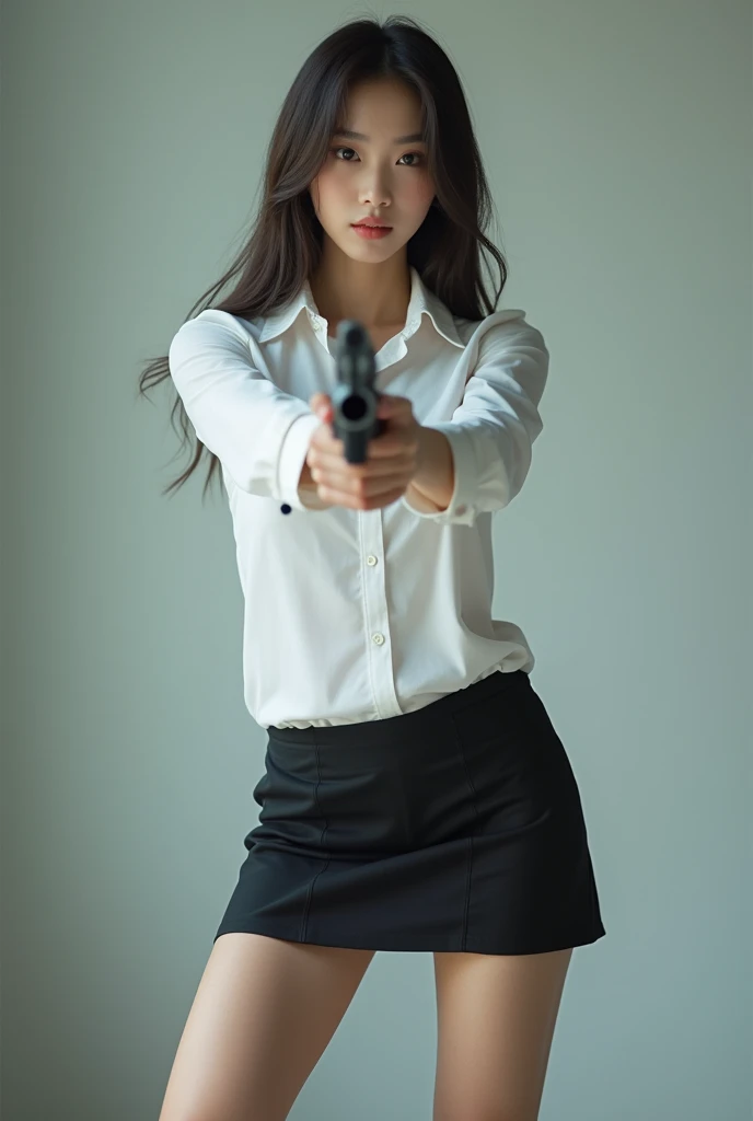 beautiful sweet big eyes office lady korean white shirt low mini skirt standing still straight legs wide spreading full portrait shotgun point at you front facing 
