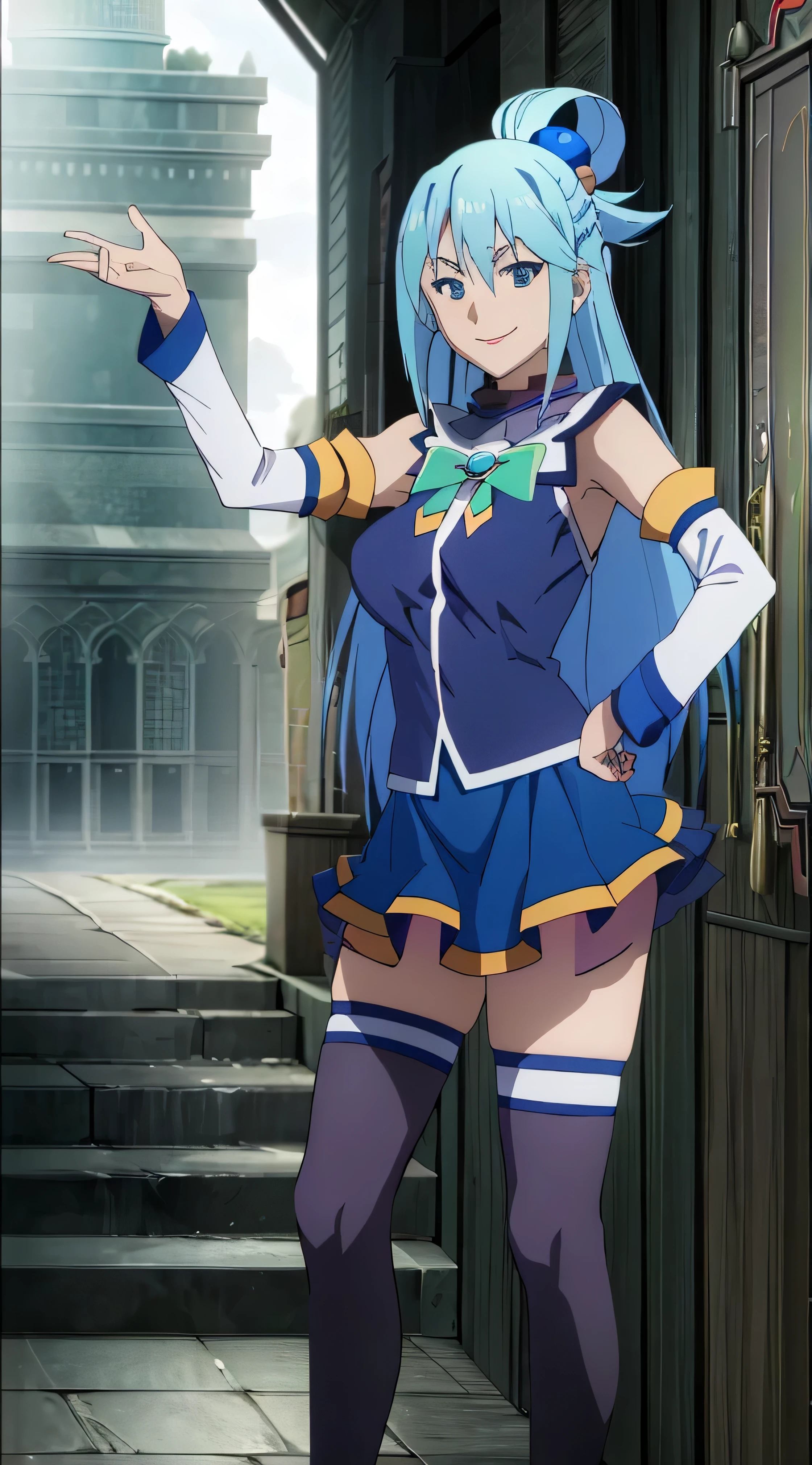 (masterpiece, best quality:1.2), expressive eyes, perfect face, highres, 1girl, solo, aaaqua, long hair, blue hair, hair rings, hair ornament, choker, bare shoulders, green bow, blue shirt, detached sleeves, blue skirt, thighhighs, happy smiling, standing, upper body, portrait, looking at the viewer,curvy,,oily skin,shiny skin,most evil huge laugh,lipstick,sadistic smile,deep shaded face(eyes in shadow),singlebraid,smile worst,worst ridecule,most evil moukery,,onebraid,,two hands,five fingers,dark aura background,A face full of evil,most evil ridicule,,horor, Violence, , The Empowerment of Evil, monster,naughty face,seductive smile