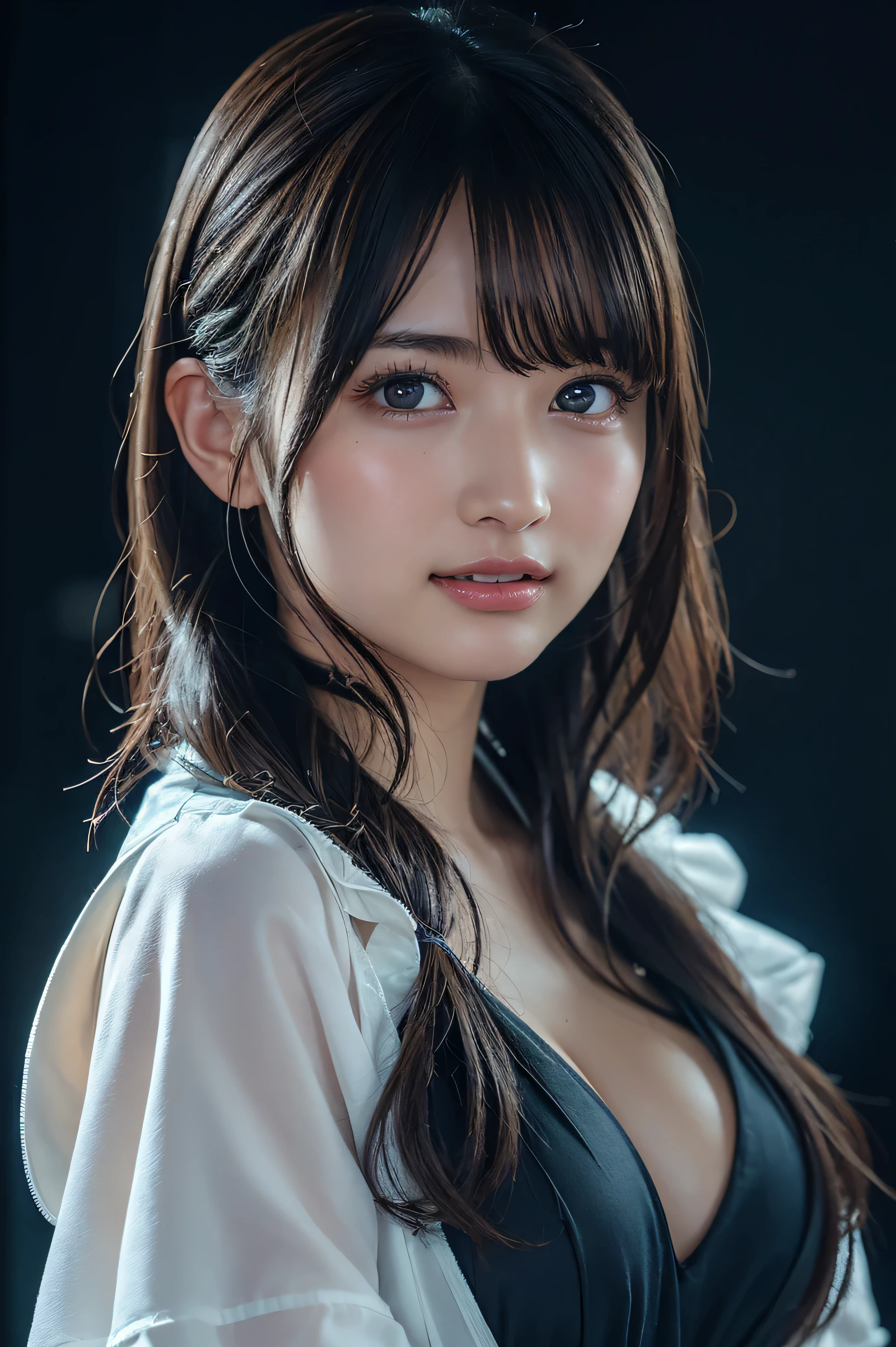 In this breathtakingly stunning 4K masterpiece, a single, ethereal female silhouette stands out against a dark background, her beautifully detailed face illuminated by neon lights and shimmering particles. Her long eyelashes frame her Highly detailed CG Unity 8k wallpaper, top quality, Super detailed, table top, realistic, photo-realistic, Highly detailed cute girl, 2, ,, whole body, ,big breasts,black eye,rubber dress She is a kimono model、Gorgeous floral patterned kimono、Silver hair braids、blue eyes、top-quality、8K Masterpiece、超A high resolution、(Photorealsitic:1.3)、Raw photo、1 girl、silver white hair、glowy skin、1 Beautiful Soldier、((super realistic details))、portlate、globalillumination、Shadow、octan render、8K、ultrasharp、beauty breast、Raw skin is exposed in cleavage、leather、cold color、、highly intricate detail、Realistic light、CGSoation Trends、Beautiful eyes、radiant eyes、Facing the camera、neon details、A stunning 8K RAW image captures a mesmerizing close-up of a 2 woman's ethereal features, as if she were a living masterpiece. The camera frames her upper body centered, with subtle curves accentuating her figure. Softly glowing eyes illuminate translucent skin, revealing an intricate metal skeleton beneath. Her confident pose A vintage beauty stands out against a kaleidoscope of colors, her confident pose commanding attention. The stunning woman wears a bold 1990s-style dress with floral patterns and ruffles, curves accentuated by flowing fabric. Swirling shapes and hues in the vibrant background draw the eye to her radiant smile and bright, inquisitive gaze.showcases flowing fabric highlighting her beauty. A vibrant background swirls with shapes and hues, drawing the eye to her radiant smile and bright gaze.