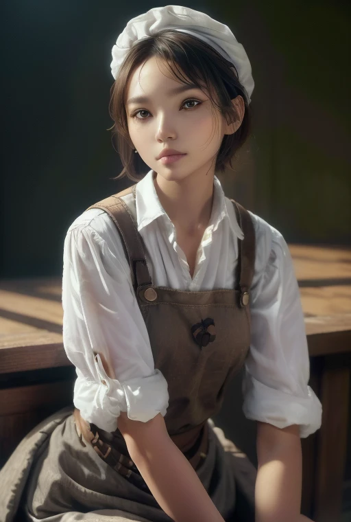 dramatic lighting, (highly detailed face:1.4), perfect eyes, realistic iris, perfect teeth, (smile:0.7), (background dark, shadow of the leaves), (She is wearing a white skirt, apron tied around her waist, and brown leather shoes. Fashion style. Bright make-up, some glitter on cheeks, . 1 Girl)), Ultra High Resolution, (Realistic: 1.4), RAW Photo, Best Quality, (Photorealistic Stick), Focus, Soft Light, (()), (( (young face))), (surface), ), masterpiece, (realistic), skinny, moonlight, ((brown eyes)), (full body shot:1.5)
