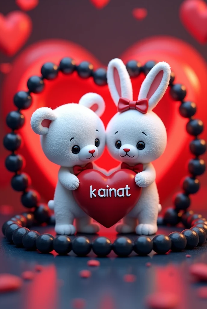 A 3D render of a white teddy bear and a white bunny rabbit wearing a red bow holding a red heart "KAINAT" written on it in Capital alphabets, are standing in a black beaded bracelet. The bracelet is sitting on a dark red and blue surface with a neon red heart shape in the background.  The image is in the style of a cute cartoon.