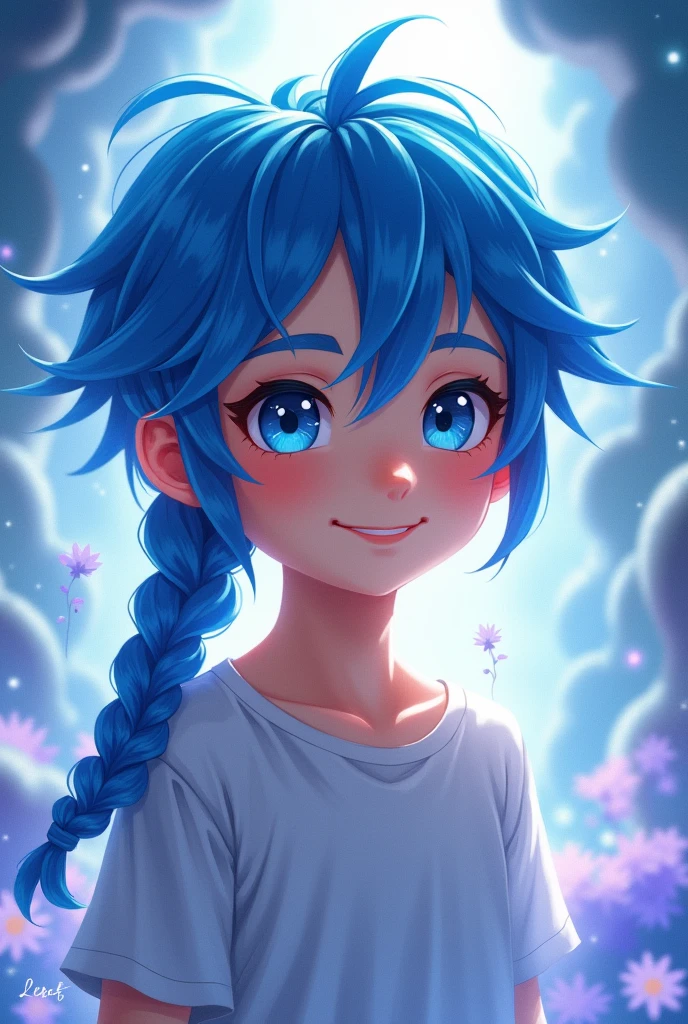 1boy Braid, Blue Hair, Smile, Blue eyes, Abstract,