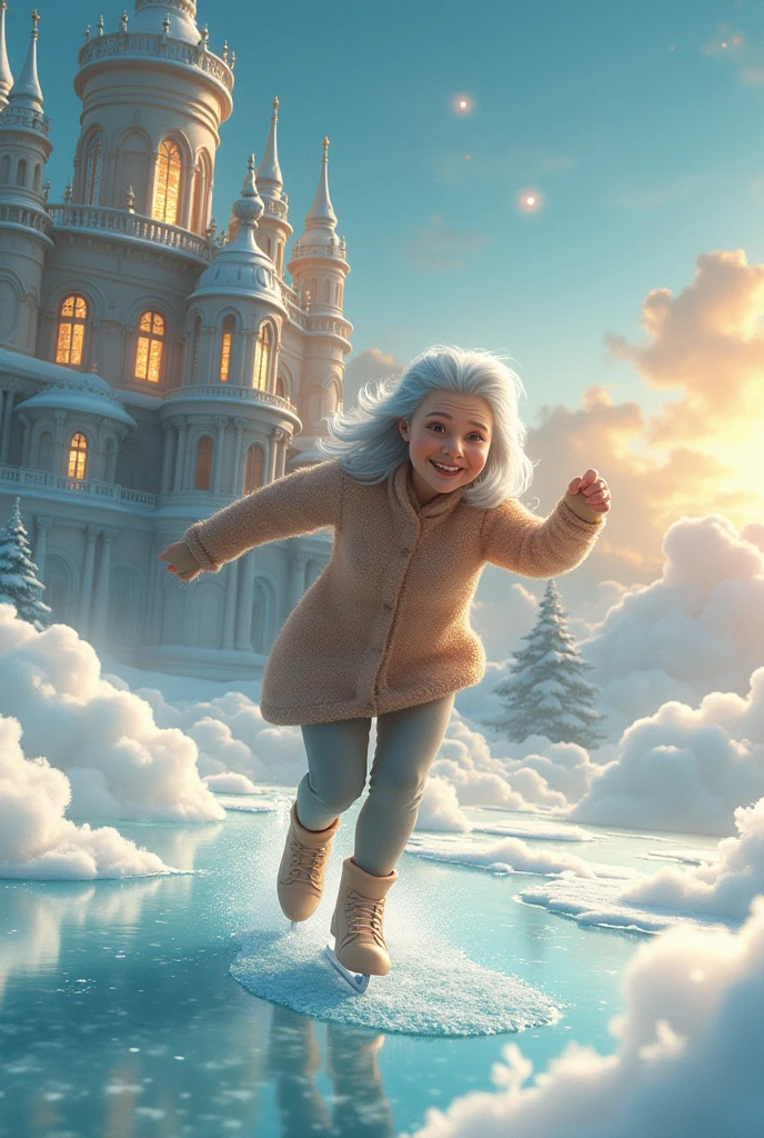 A grandma skating on a mansion in the sky