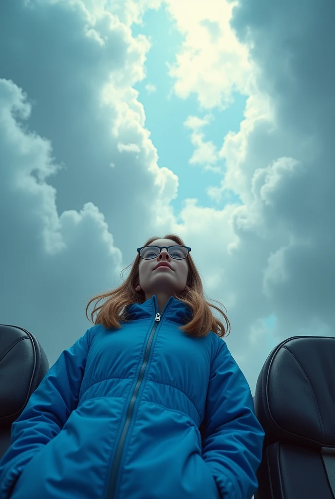 Airplane seat standing out with a young lady in a blue jacket and glasses, low-angle view of a dizzying fall through the clouds.