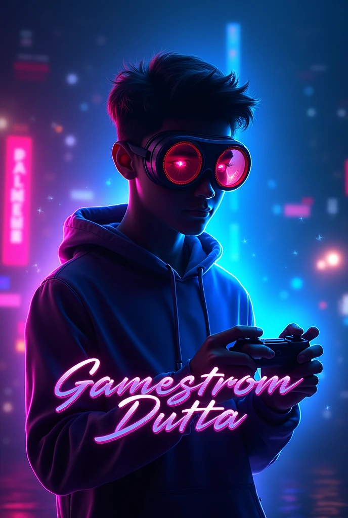 "Design a vibrant YouTube profile photo for a gaming channel. The image should feature a dynamic background with dark blues and neon purples, evoking a futuristic gaming world. At the center, include the silhouette of a 20-year-old boy wearing round-shaped goggles, holding a gaming controller, with his face hidden in shadows. The figure should emit a glowing electric energy. Incorporate the name 'Gamestrom Dutta' in bold, metallic, futuristic font with a neon glow effect. The overall design should be sharp, modern, and energetic, reflecting the excitement of gaming."