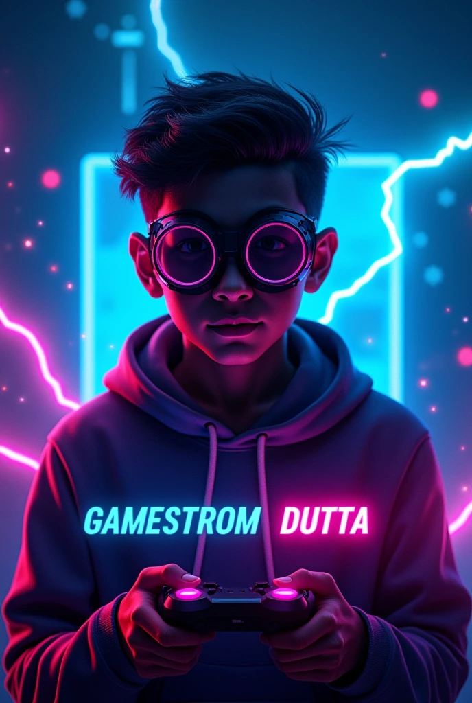 "Design a vibrant YouTube profile photo for a gaming channel. The image should feature a dynamic background with dark blues and neon purples, evoking a futuristic gaming world. At the center, include the silhouette of a 20-year-old boy wearing round-shaped goggles, holding a gaming controller, with his face hidden in shadows. The figure should emit a glowing electric energy. Incorporate the name 'Gamestrom Dutta' in bold, metallic, futuristic font with a neon glow effect. The overall design should be sharp, modern, and energetic, reflecting the excitement of gaming."
