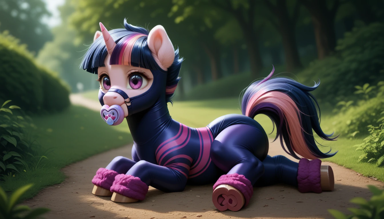 pony, Unicorn, purple wool, dark blue mane with purple streak and pink streak, the tail is dark blue with a purple strand and a pink strand, purple eyes, sitting outside, adult filly, dressed in a bodysuit and booties, pacifier in mouth, solo, thick diaper under clothes.