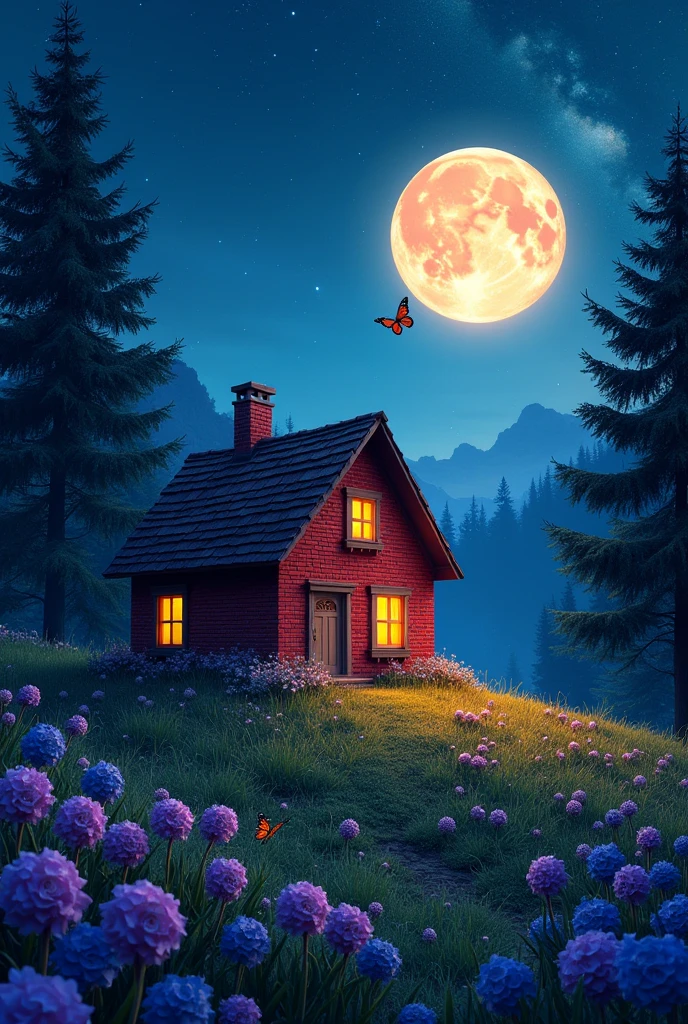 A cozy red brick house with warm yellow lights in the windows, sitting on a grassy hill covered with purple and blue flowers. The scene is at night under a sky filled with stars and a large, glowing full moon. Tall pine trees surround the house, and there's a butterfly gently flying near the flowers. The atmosphere is magical and serene, with the Milky Way faintly visible in the background -- high detail, cinematic lighting, fantasy, peaceful, enchanted forest.