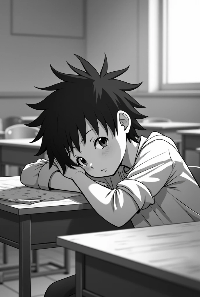 Black and white 2d anime ager sleeping in classroom with hair sticking up