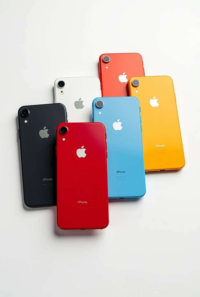 six beautiful iphone xr with black, white, red, blue, yellow, orange color in white background, included logo and iphone writing.