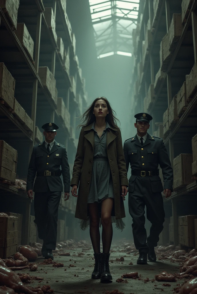 create an image of a warehouse of human meat amidst the rubble of the second world war and a woman together with the police frightened