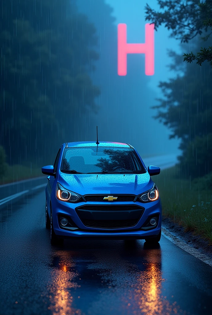make a blue chevrolet spark on a road at night with an H in the background while it&#39;s raining 