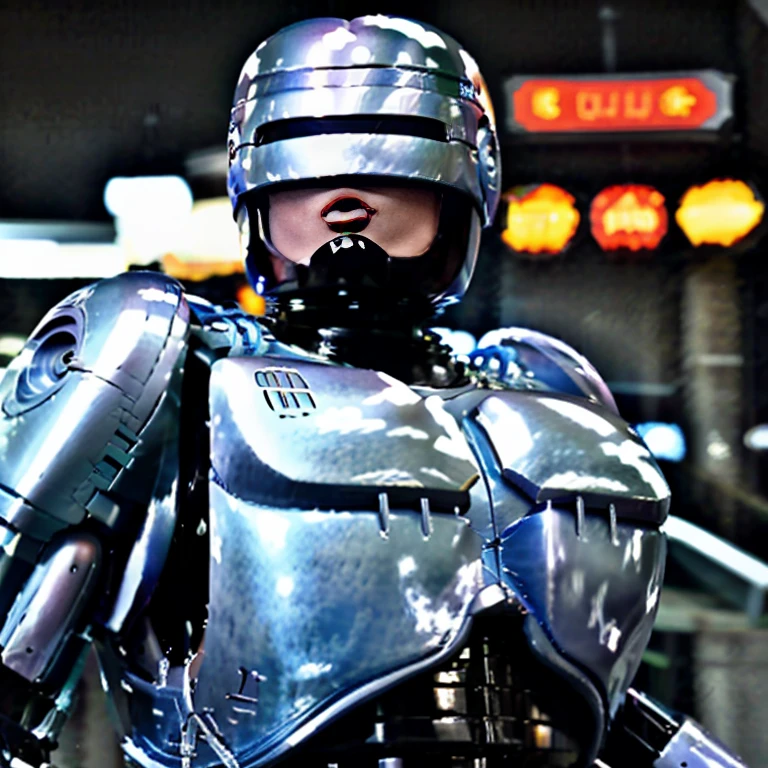 Female Robocop,Big Breasts,Sexy body,Restrained by ropes, Open your mouth wide,