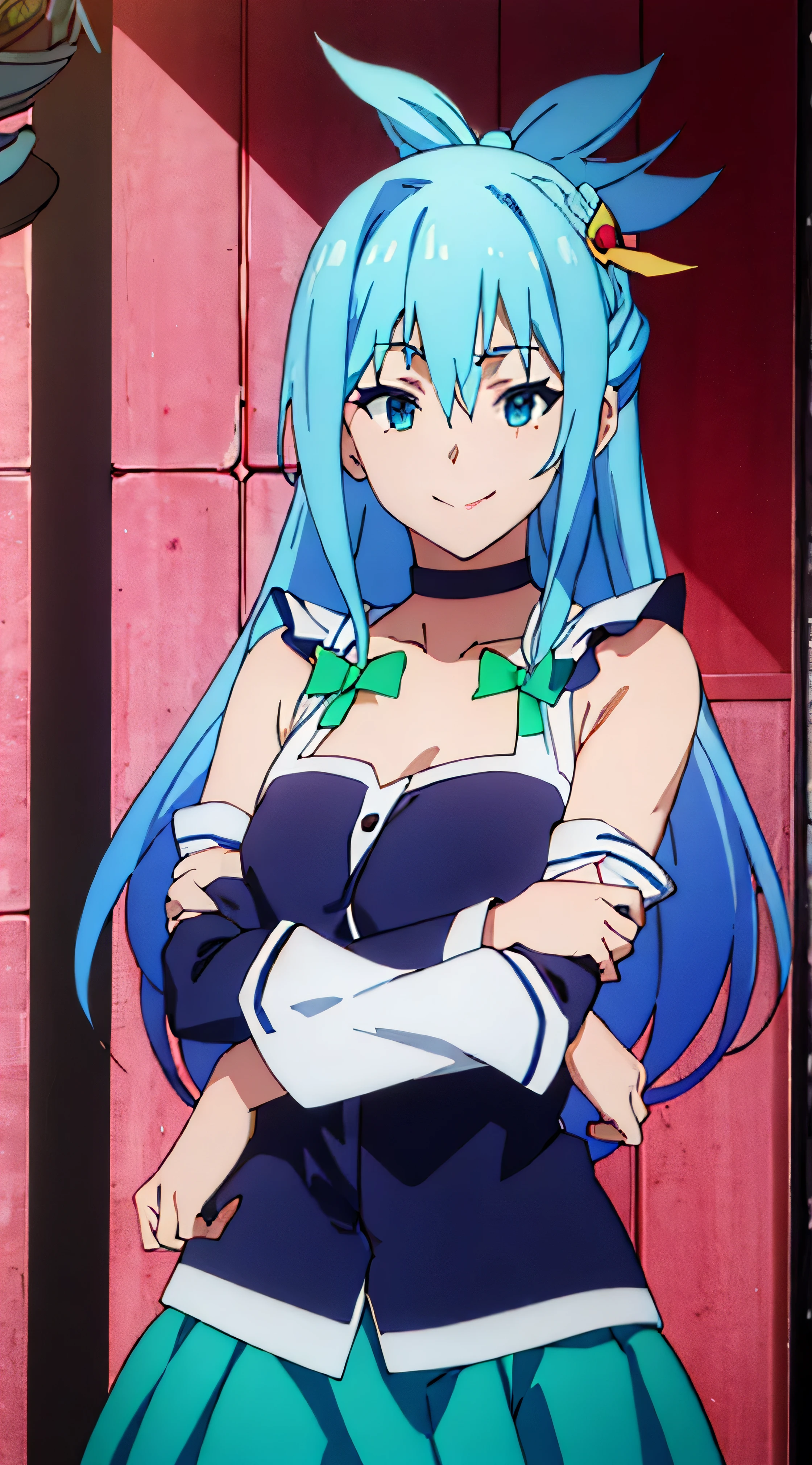 (masterpiece, best quality:1.2), expressive eyes, perfect face, highres, 1girl, solo, aaaqua, long hair, blue hair, hair rings, hair ornament, choker, bare shoulders, green bow, blue shirt, detached sleeves, blue skirt, thighhighs, happy smiling, standing, upper body, portrait, looking at the viewer,curvy,,oily skin,shiny skin,most evil huge laugh,lipstick,sadistic smile,deep shaded face(eyes in shadow),singlebraid,smile worst,worst ridecule,most evil moukery,,onebraid,,two hands,five fingers,dark aura background,A face full of evil,most evil ridicule,,horor, Violence, , The Empowerment of Evil, monster,naughty face,seductive smile