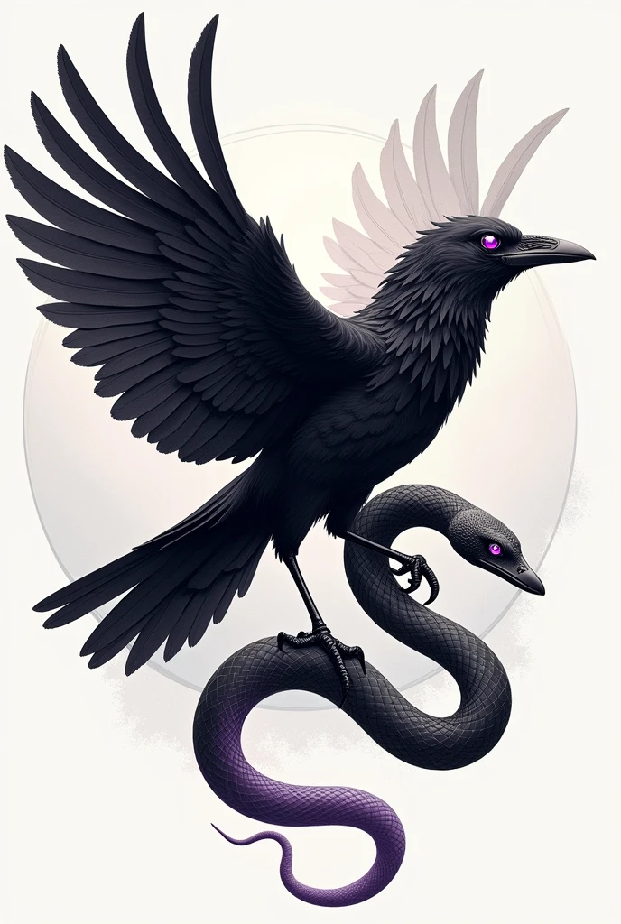 positioning: You can place the crow in a position that suggests it is in flight or perched., with the snake wrapping itself around a branch or entangling itself with the body of the crow. This can create a sense of movement and fluidity in the design..
interaction: To give it more dynamism, You could show the raven with its wings spread out., while the snake coils around one of its legs or wings. This could symbolize a symbiotic relationship or a contrast between air and earth..
Style of Details: Since you prefer few details, You could opt for clean lines and subtle shadows. Use soft gradients in black and grey to give depth without overwhelming the design.. Purple eyes can be a bright focal point that draws attention..
negative space: Play with negative space to make elements stand out without making the design look too busy.. Empty space can help the crow and snake visually separate each other., creating a harmonious balance.
texture: You can use different textures for the crow's plumage and the snake's scales., with fine lines and shading that highlight its distinctive features without overwhelming the design.