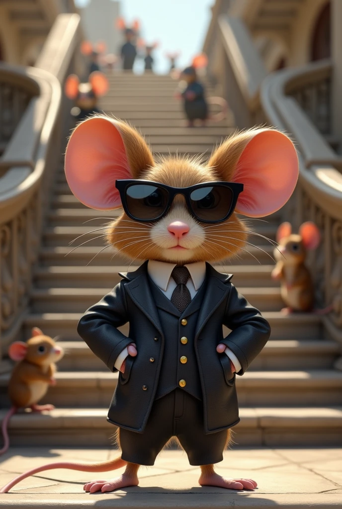 Create a photo with a charming mouse that wears a suit and a black sunglass standing in front of stairs and in the background should have some mouses walking around