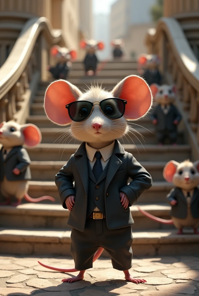 Create a photo with a charming mouse that wears a suit and a black sunglass standing in front of stairs and in the background should have some mouses walking around