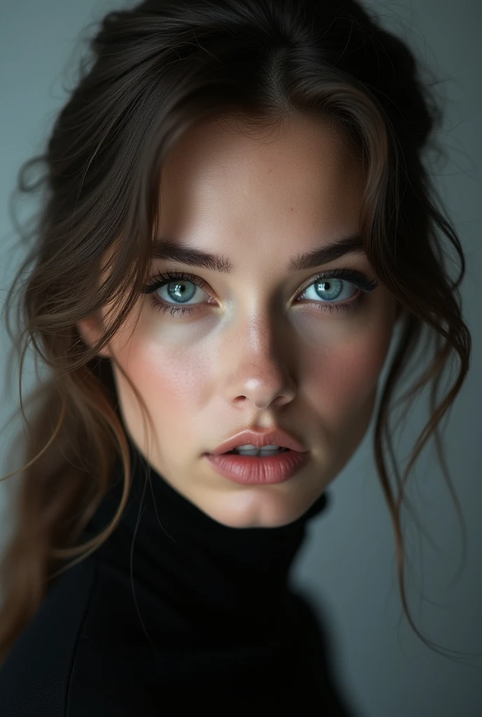 Russian female model with a piercing gaze and strong facial features is being photographed in the studio against a minimalist background..