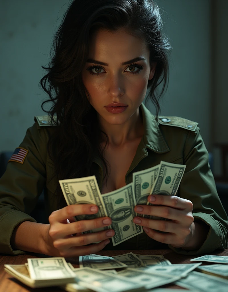 (Photorealism:1.2), sexy woman soldier, She is counting a lot of money..