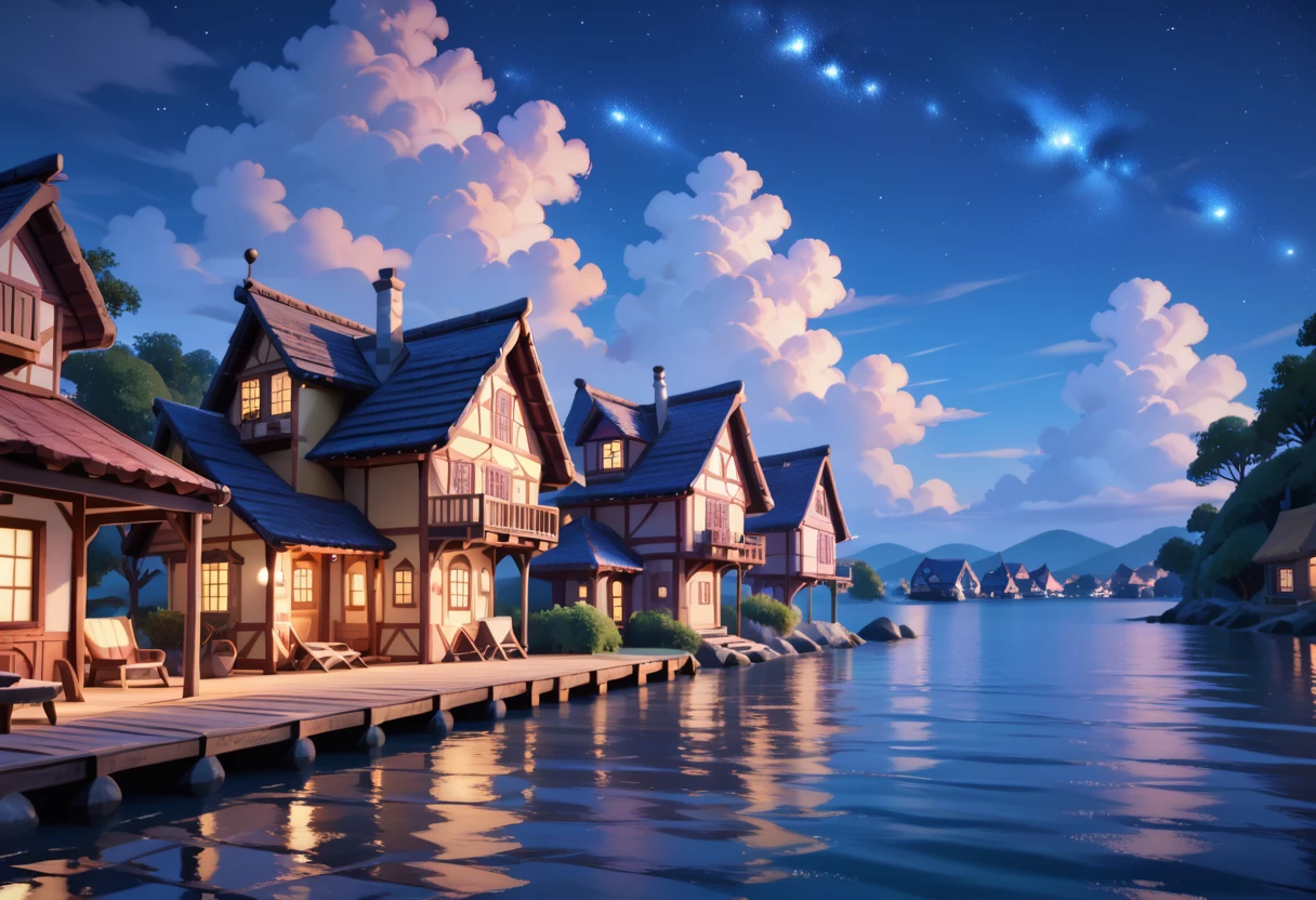 bay pier, small houses, poor houses, nighttime, night sky, masterpiece quality, ultra HD, 4K, best quality