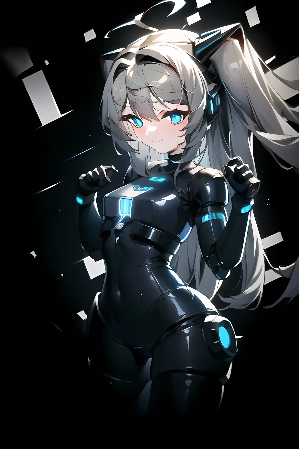 anime girl with blue eyes and long hair in a futuristic outfit, smiling at viewer, android heroine, fully robotic!! catgirl, anime manga robot!! anime girl, fully robotic!! girl, nanogirlv 2, cybersuits, girl in mecha cyber armor, perfect android girl, cyber suit, cybersuit, cyberpunk anime girl mech, kda, anime girl of the future, nightcore, beautiful hands with long fingers, round eyes with round pupils