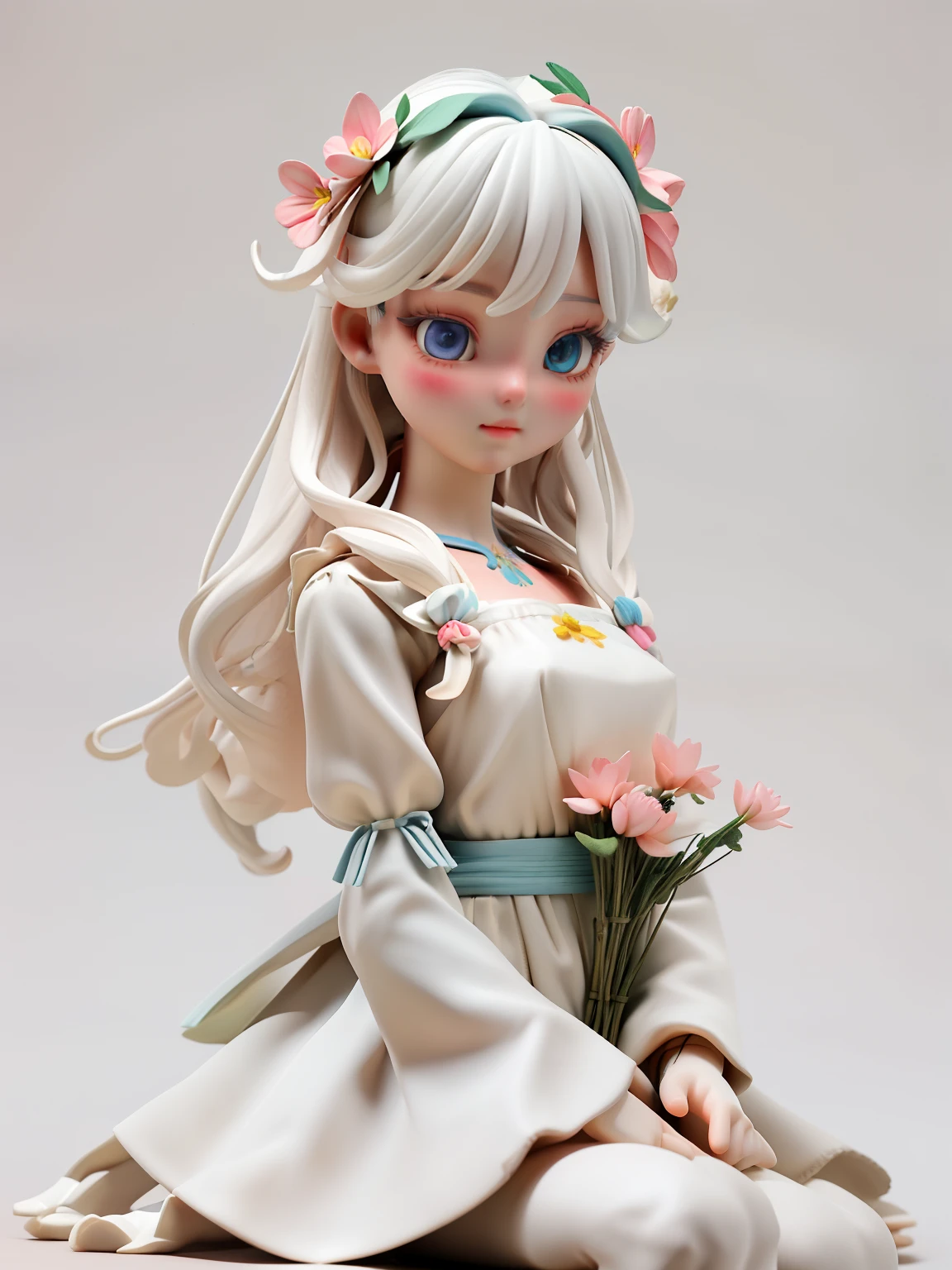 Sagittarius Porcelain Doll、The upper half of her body is a beautiful human girl, and the lower half is a beautiful white-furred pony.、Weaving beautiful flowers to make a flower crown、Fantastic and dreamy, Dream Style, bucolic、Fairytale、Blank Background、3d、