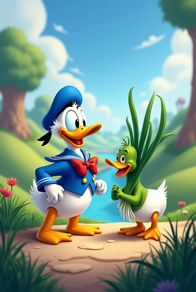 Donald Duck and Chives together in a landscape