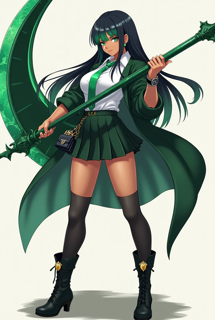 anime art of a tall, dark skinned voluptuous muscular gyaru. Long, straight black hair with green gradient bangs. White shirt, green tie, dark green cardigan with rolled up sleeves, short skirt, black knee-high stockings, and black boots. A purse with gold accents, emerald earrings, black bracelet on right arm, silver watch on left arm, and heart-shaped ring on left hand. Striking pose that emphasizes her confident demeanor. She wields a huge jade dragon halberd
