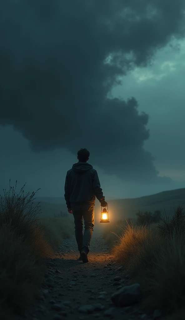 Young man leaves his car on the side of the road and walks in a deserted place towards the countryside In the middle of the night, holding a lamp in his hand And the clouds are raining Black clouds and strong winds