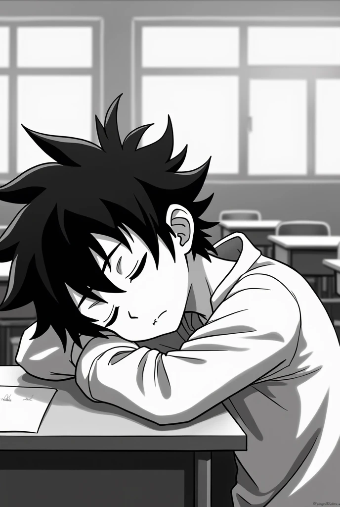 Black and white 2d anime teenager sleeping in classroom with hair sticking up