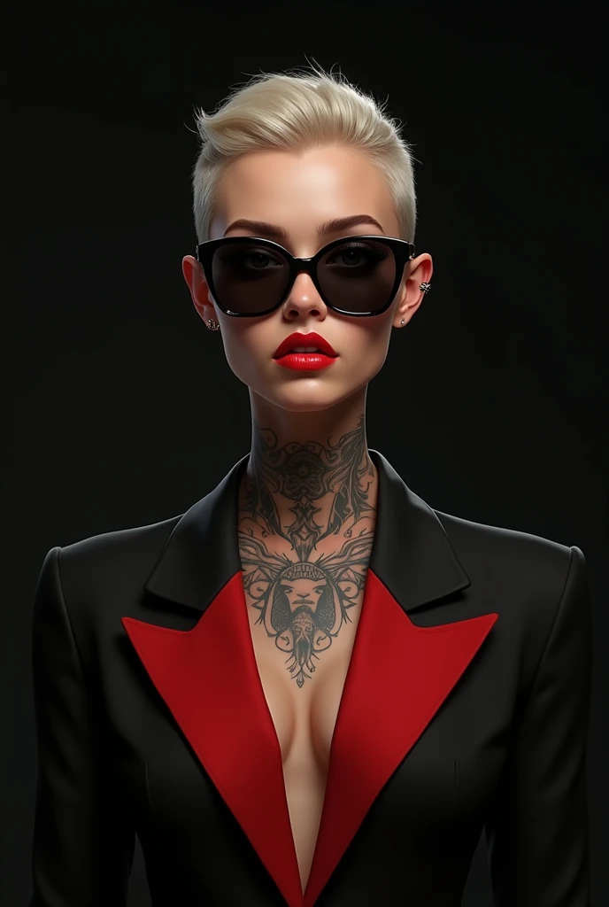 Digital art , Tan skinned woman, tattoos on neck, portrait close up ,black with red suit, boy cut, sunglasses on with a mysterious look
