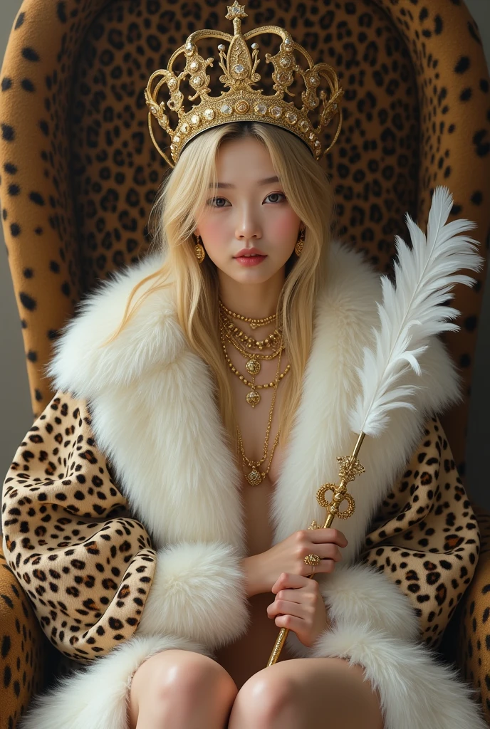 ((whole body)), ((head to leg)), ((all the body)), ((from below)),1asian girl,alone, ((stand up, leaning on ledge)), ((lean forward)), ((The features are clear, clear face, clear face)), sexy young Korean girl, japanese, realistic, real,8k, clean, super young Korean girl with a blonde gorgeous hair, teenager, pale skin, her face is also very beautiful and young. sexy, She has a fit body. wearing huge white fur coat, big leopard fur hat, fur coat covering all the body, wearing big fluffy fur, sitting on leopard fur throne, throne covered with leopard fur coat, on the fur mug, gold necklaces, alots of gold jewerly, white skin,princess cute, bite lip, messy long hair, Simple and casual scene, Very detailed, Ultra-clear, best quality, official art, exquisite earrings, exquisite necklace, Very detailed description, Super beautiful painting, Sophisticated functionality, elegant, beautiful, Super fine details, masterpiece, Authentic texture, Realistic movie lighting, masterpiece, best quality, wearing huge white fur coat, many jewelry, alots of gold jewelry, every finger has golden rings, her sexy leg , she wearing fur slippers, holding a feather stick, fluffy feather stick, wearing huge crown, she has huge titties, she don't wear anything except fur coat, petting dog