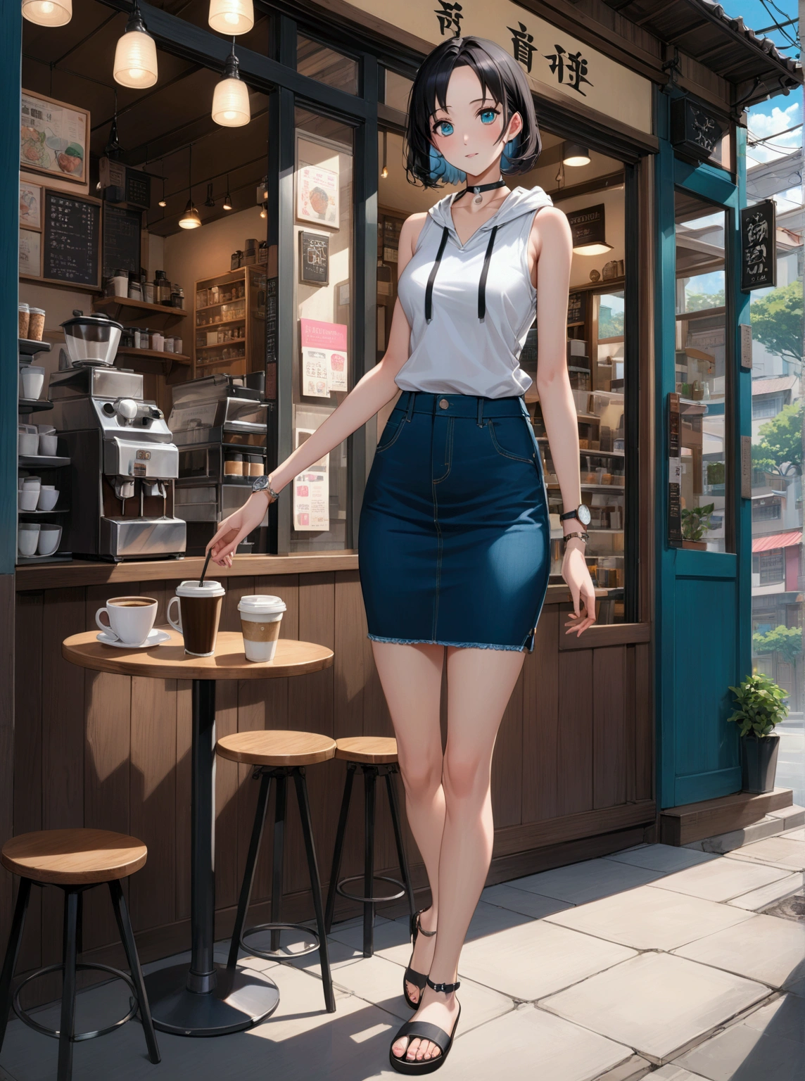 realistic anime illustration of pretty woman, (black hair, forehead, short hair, black choker), at outside the coffee shop, wears white sleeveless v neck hoodie (+ pink trims), dark teal-blue denim pencil mini skirt, white-black sandals, bare arms, silver wristwatch (1girl, solo, full body, front view), (masterpiece, best quality, japanese anime style), (expressive eyes, perfect face, perfect body),