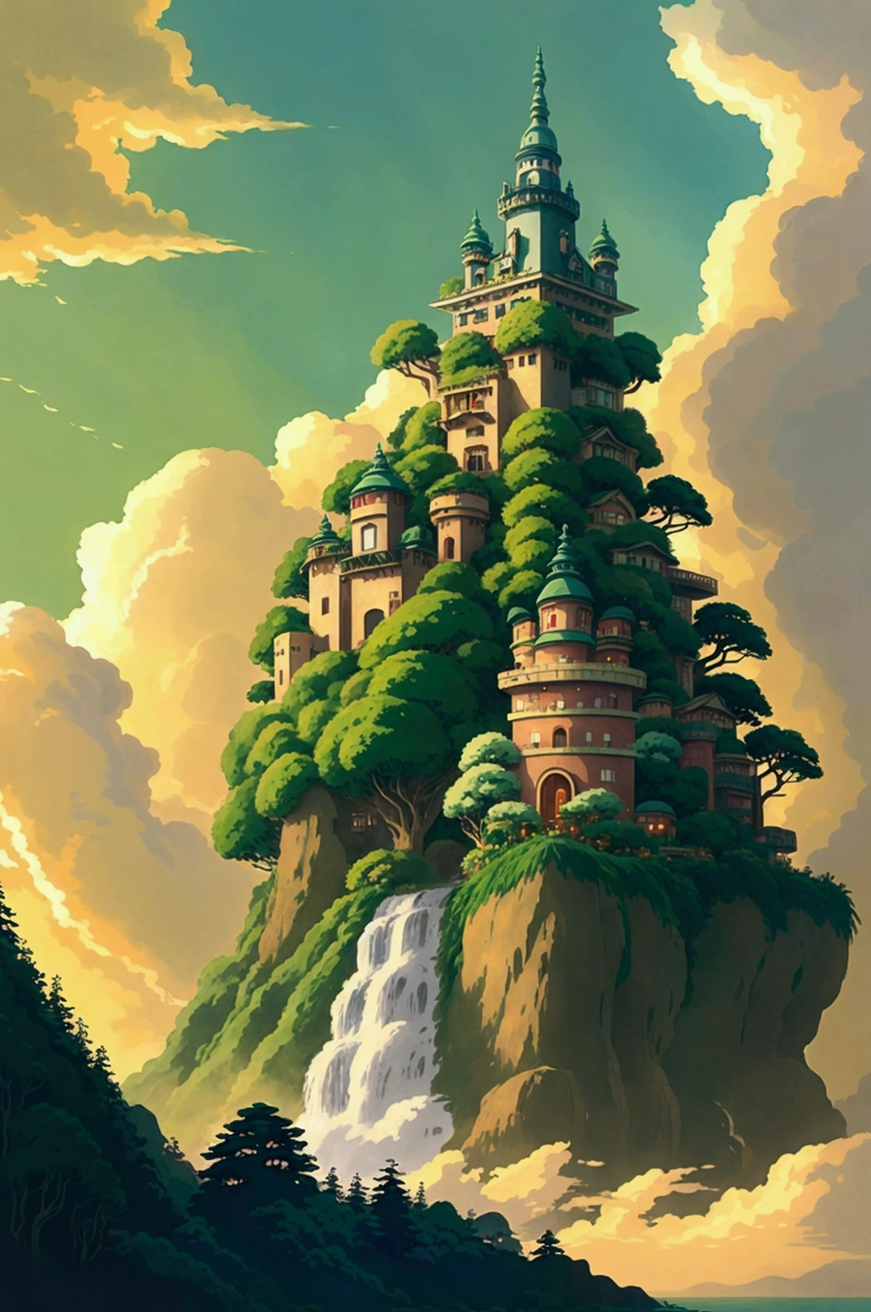 (((Ghibli style))) A grand castle floating among the clouds, with lush greenery growing on its surfaces, and a waterfall cascading into the sky. Morning sunlight bathes the scene in golden light.