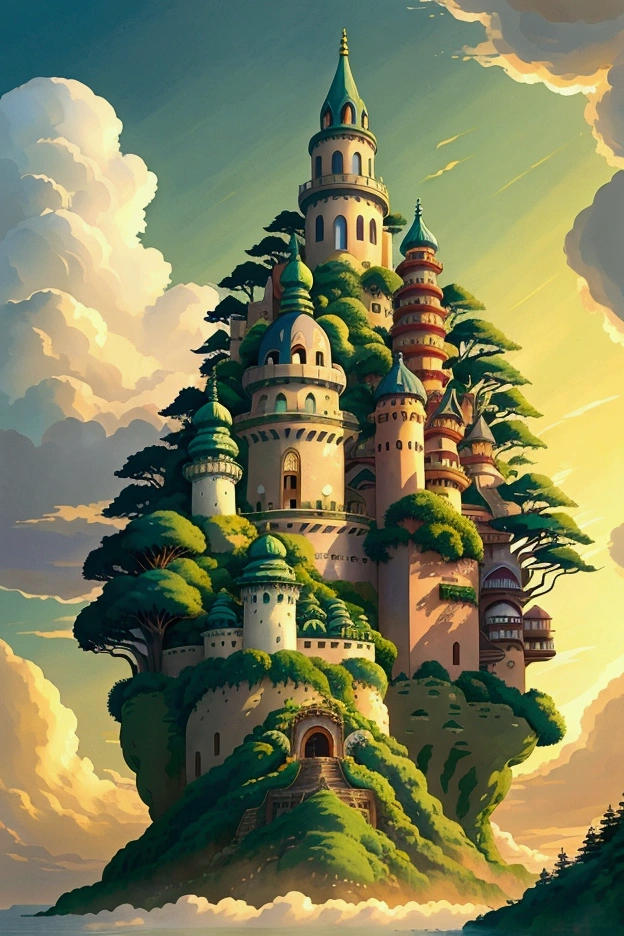 (((Ghibli style))) A grand castle floating among the clouds, with lush greenery growing on its surfaces, and a waterfall cascading into the sky. Morning sunlight bathes the scene in golden light.