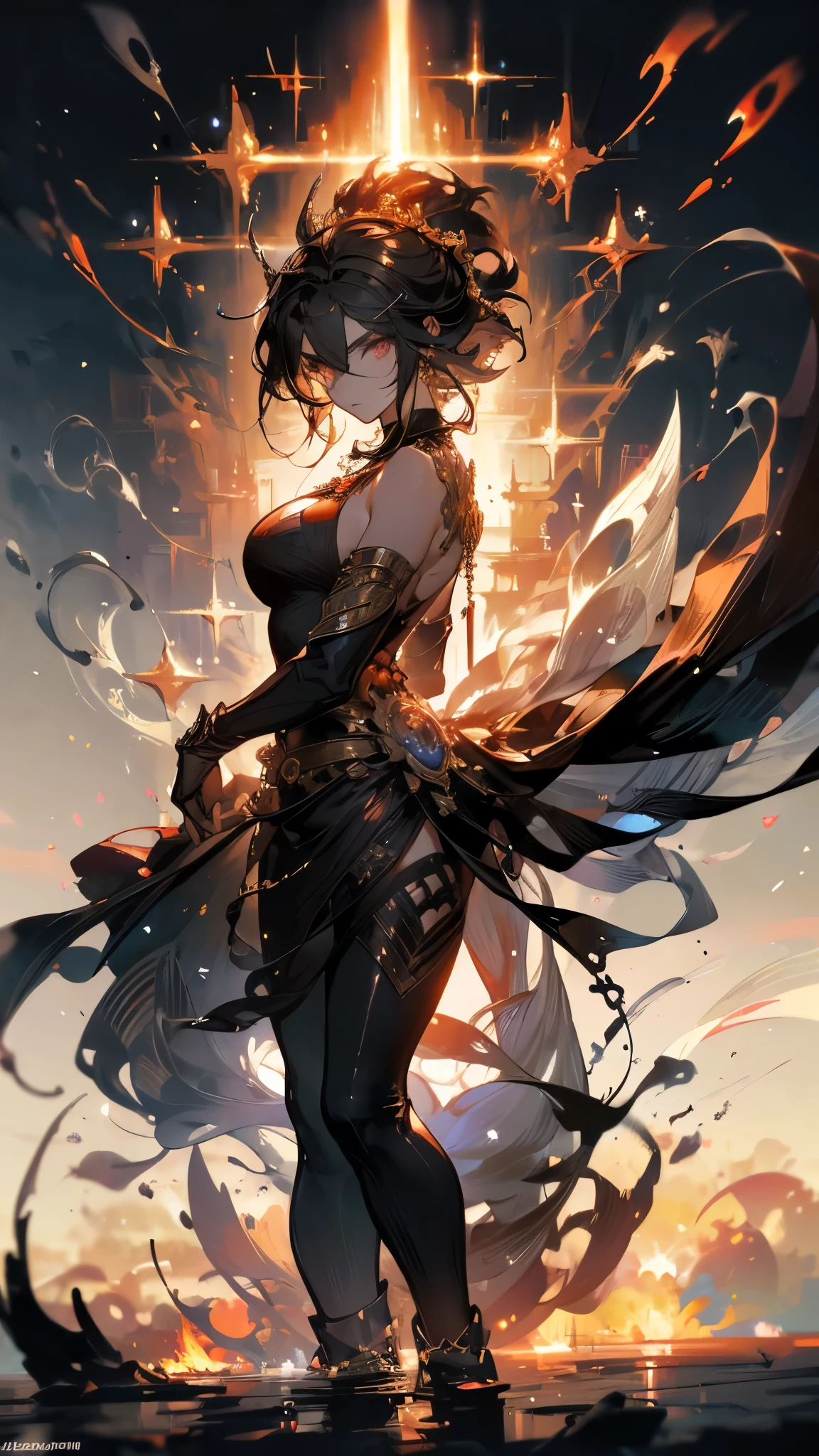((masterpiece, best quality)), Epic battlefield atmosphere,Black Myth,Journey to the West,flame,Delicate face,Depicts a beautiful Monkey King, Short flowing hair,whole body,Standing picture,Sparkling eyes,Perfect body proportions