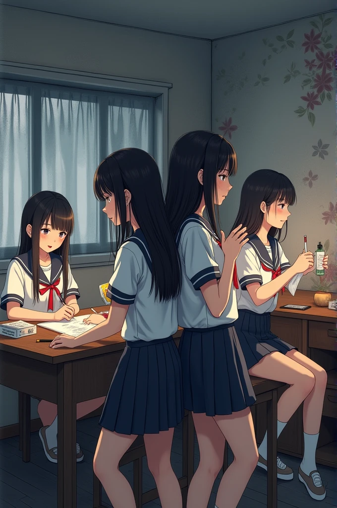 Four girls，School Bedroom，深色sketch，sketch，Fresh，concise，Uniforms，Meticulous CG8，masterpiece，Ultra Detail，best quality，Best lighting，Best shadow，Exquisite and beautiful，Exquisite details，Detailed rendering，sketch，Paint textures，wear glasses，desk，One back-to-back，large wallpaper，16:9 specifications，HD pictures