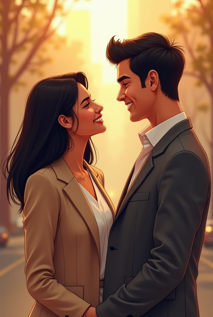 A successful 20 year old Indian female with bright skin tone, straight shoulder length black hair in a beige colour blazer laughing with her tall handsome 20 year old Indian boyfriend with bright skin tone, silky black short hair wearing a dark grey blazer