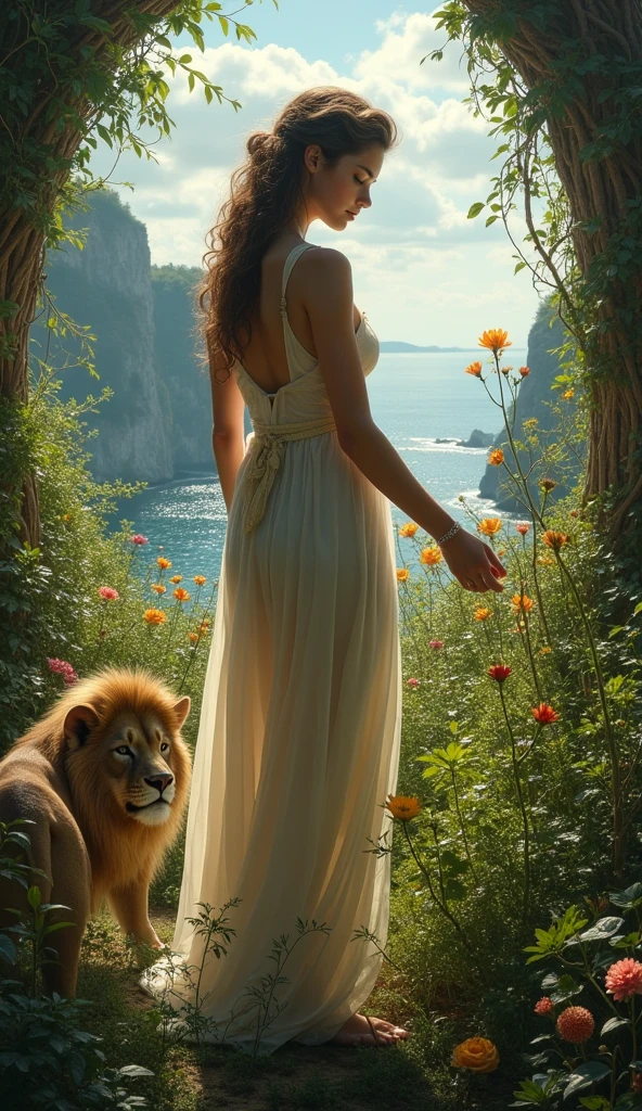caravaggio lighting; high contrast; hyper-realism; Circe witch from madeline miller; her pig and leon; island of Circe; Godess; realism; circe is working in her garden; mistery; strenght; beautiful women; circe is collecting ingredients to do her potions; beautiful semi-transparent dress; greek mythology