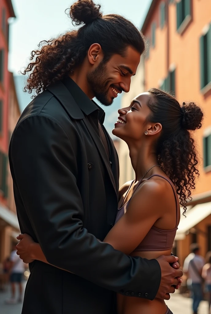 A man of 1,80cm with long curly hair, with a big, curly bun, light brown skin, small eyes, black rocker style coat and clothes, with big, strong arms and legs of an athlete weighing over 100kg, smiling and happy hugs the woman of 1,70cm with 3c curly hair with highlights, light brown skin, professional dancer&#39;s body, personality who loves the man very much and hugs him smiling with a very happy expression in some tourist place in Italy.
