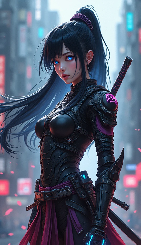 ((Go Min-si)) Create a hyper-realistic anime-style illustration of a female Cyberpunk Samurai. The character should have long, flowing black hair with cybernetic enhancements visible at the temples. Her eyes should be a striking, artificial blue, suggesting advanced ocular implants. Dress her in a fusion of traditional samurai armor and futuristic tech. The armor should be sleek, with illuminated circuitry patterns and holographic displays. Incorporate a vibrant red kimono-inspired skirt for contrast. Equip her with two katanas: one traditional and one with a glowing energy blade. Add cybernetic limb enhancements, particularly on the legs and arms, with exposed hydraulics and power cores. Set the scene against a misty, neon-lit cityscape backdrop. Use a color palette dominated by cool greys, blacks, and vibrant reds, with accents of electric blue from the tech elements. The art style should blend highly detailed, realistic rendering with stylized anime aesthetics. Focus on intricate details in the armor, weaponry, and cybernetic enhancements. Incorporate subtle lighting effects to highlight the tech elements and create a sense of atmosphere. Add dynamic elements like floating holographic UI elements, swirling cherry blossom petals, and energy particles emanating from the weapons and armor to enhance the sci-fi samurai theme.